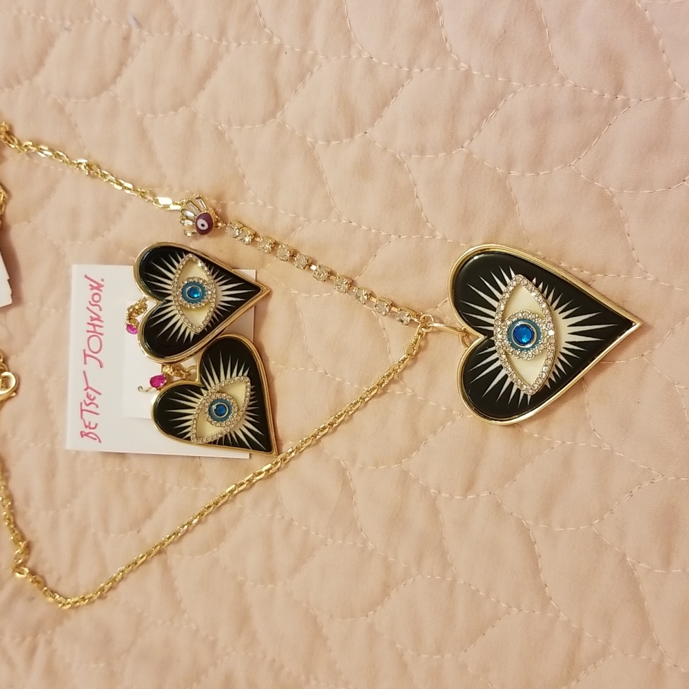 NWT Betsey Johnson Heart Eye Earrings and matching Necklace
